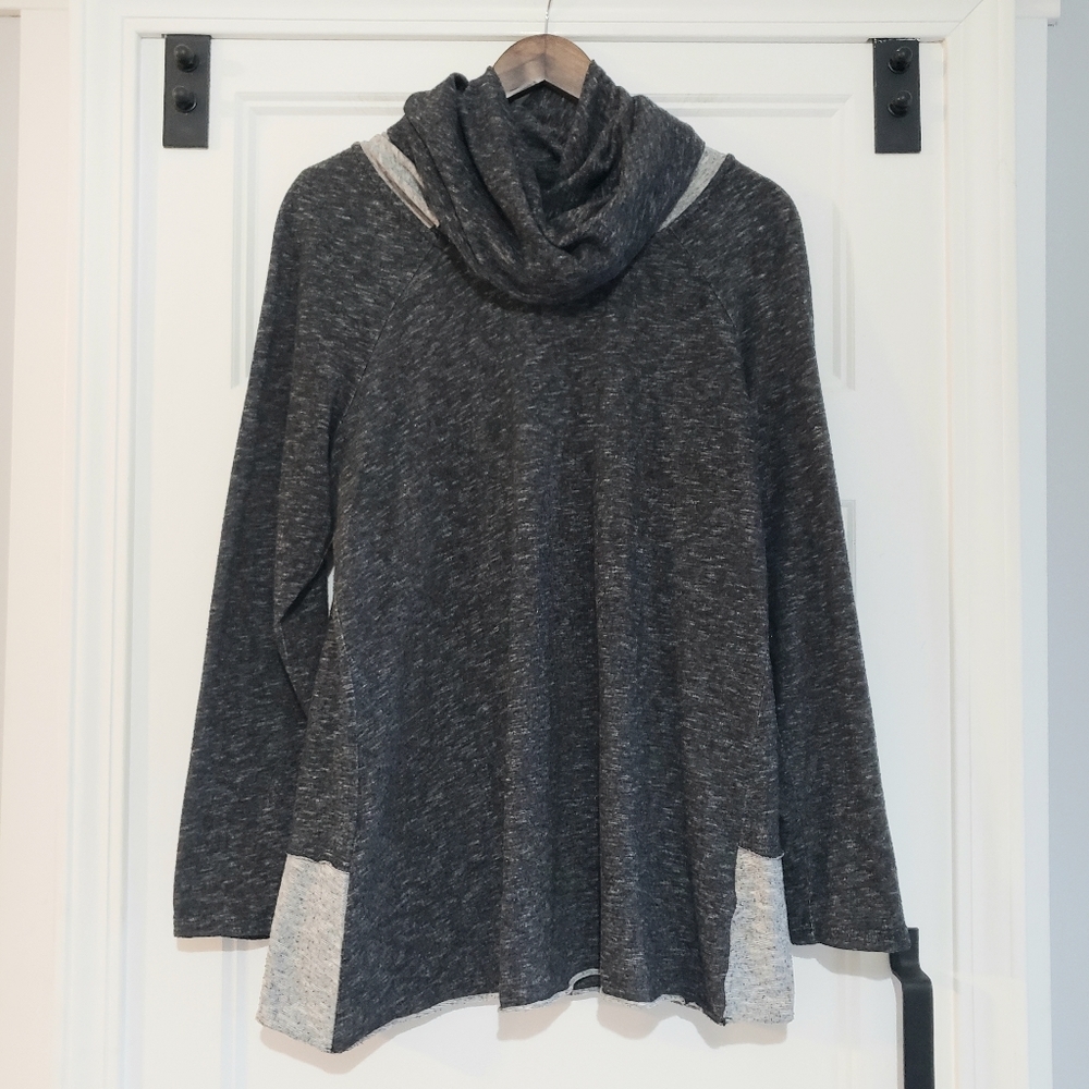 Ethyl Jersey Top Dress Womens L Heather Black Grey Cowel Neck Lagenlook Henley